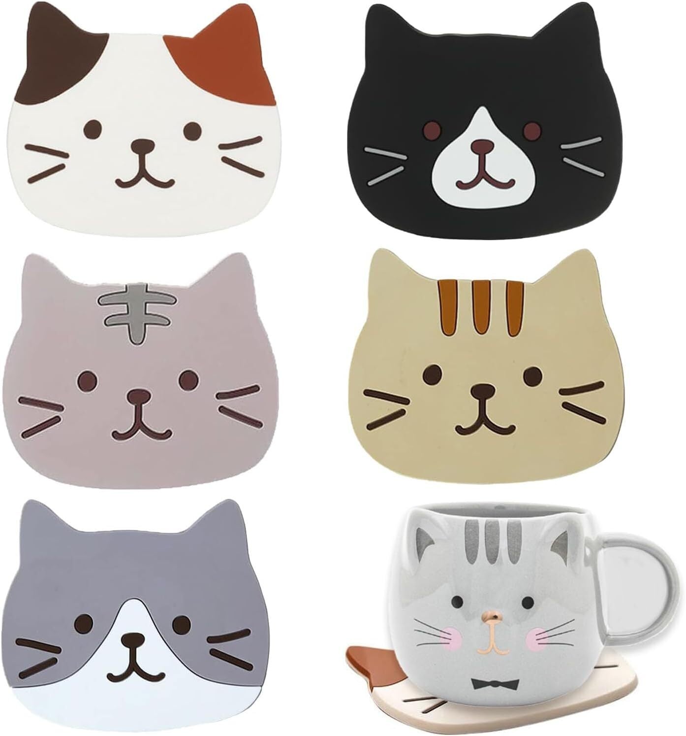 5Pack Cute Cat Cup Coasters, Reusable heatproof Silicone Drink Coasters Non Slip