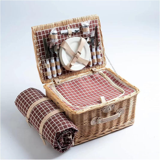 4 Person Outdoor Luxury Wicker Picnic Basket Set with Plates Wine Glasses