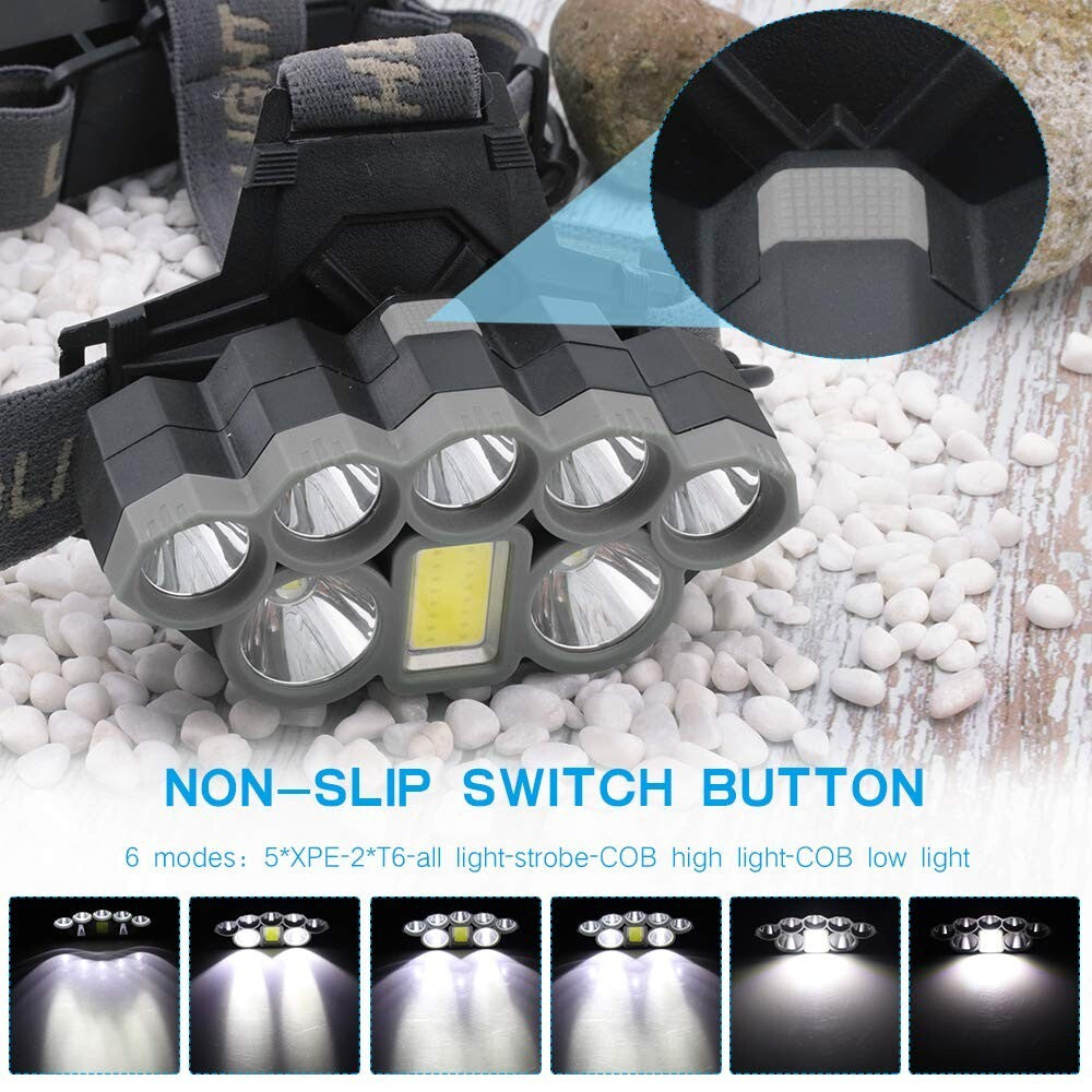 LED Headlamp 5*XPE 2*XML-T6 LED Lamp Beads Waterproof Headlight Power 6000LM