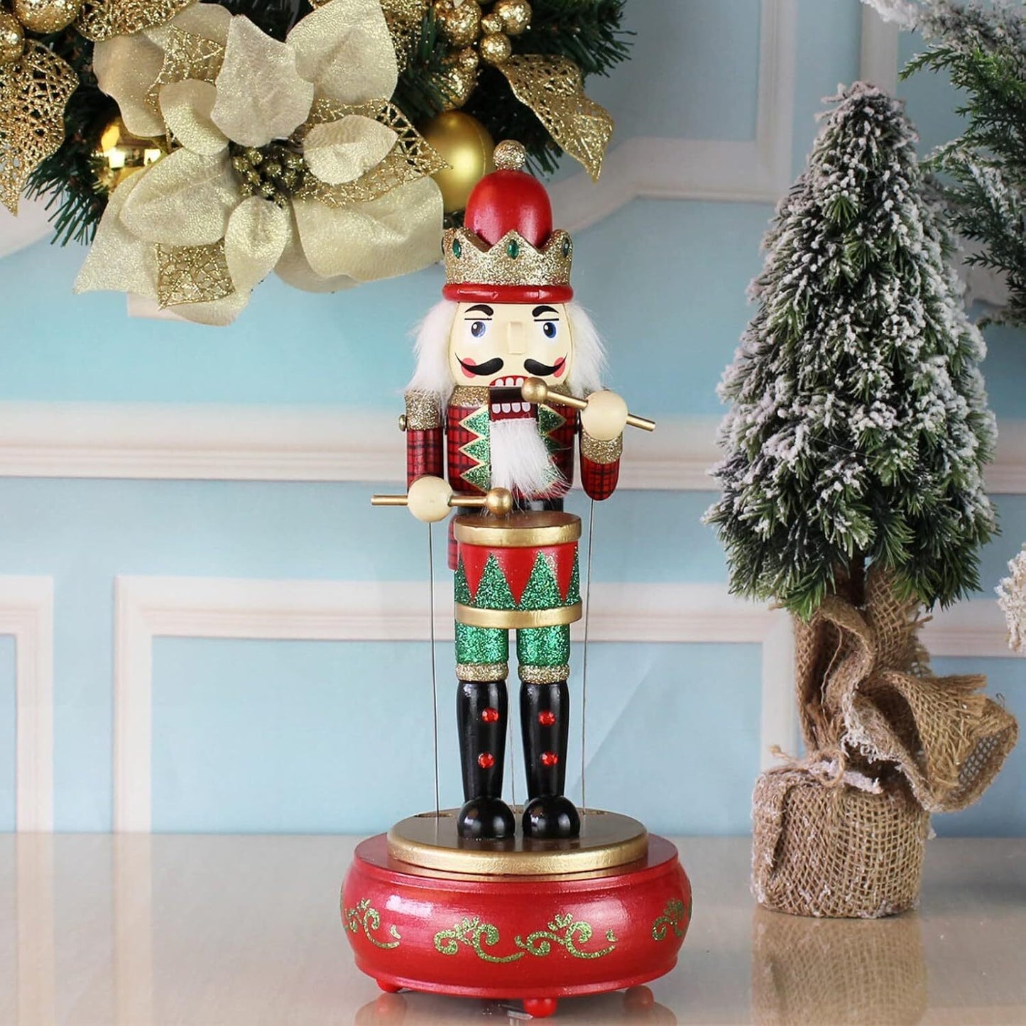 1 Wooden Nutcracker Music Box 30cm Clockwork Christmas Figurines Xmas Home Decor