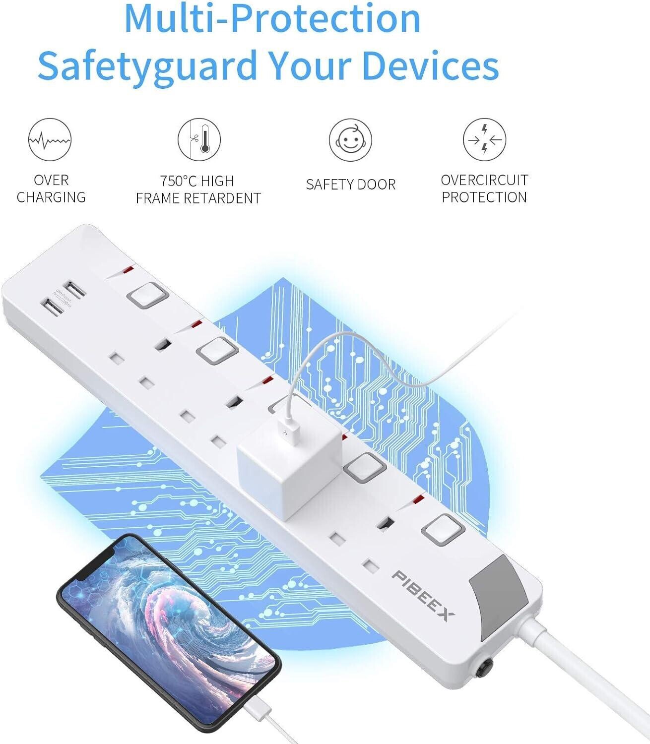 PIBEEX Extension Lead with 4 Way Plug Sockets, 13A, Individual Switches, 2 USB