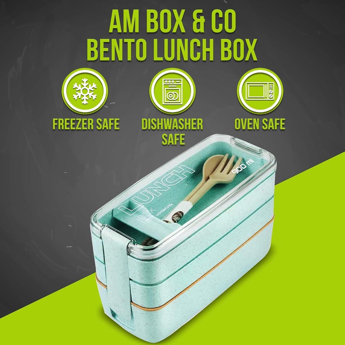 Lunch Box Bento Boxes Food Storage Container With 3 Compartments+Cutlery Set