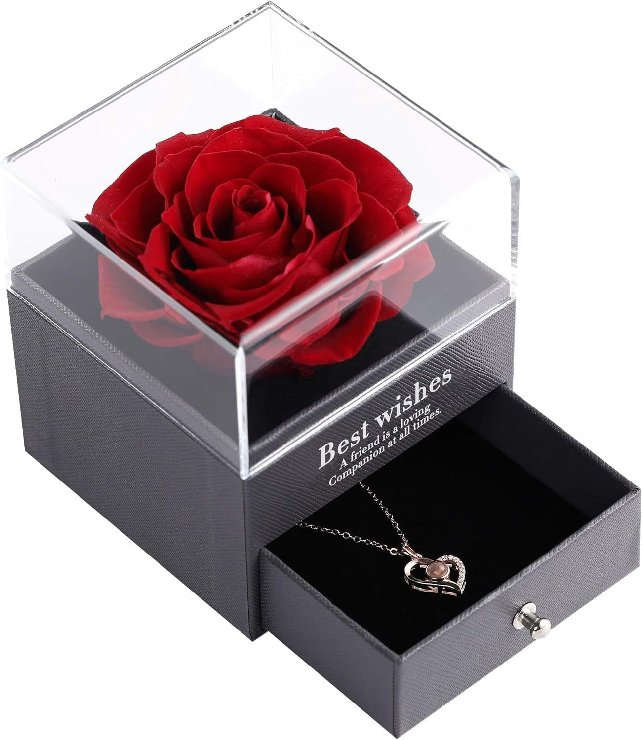 Preserved Rose Necklace: Jewellery Box Gift with 'I Love You' in 100 Languages