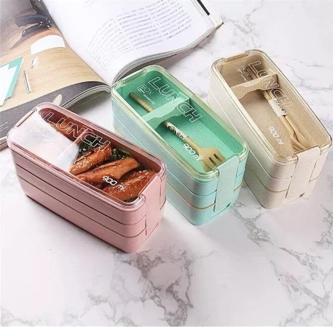Lunch Box Bento Boxes Food Storage Container With 3 Compartments+Cutlery Set