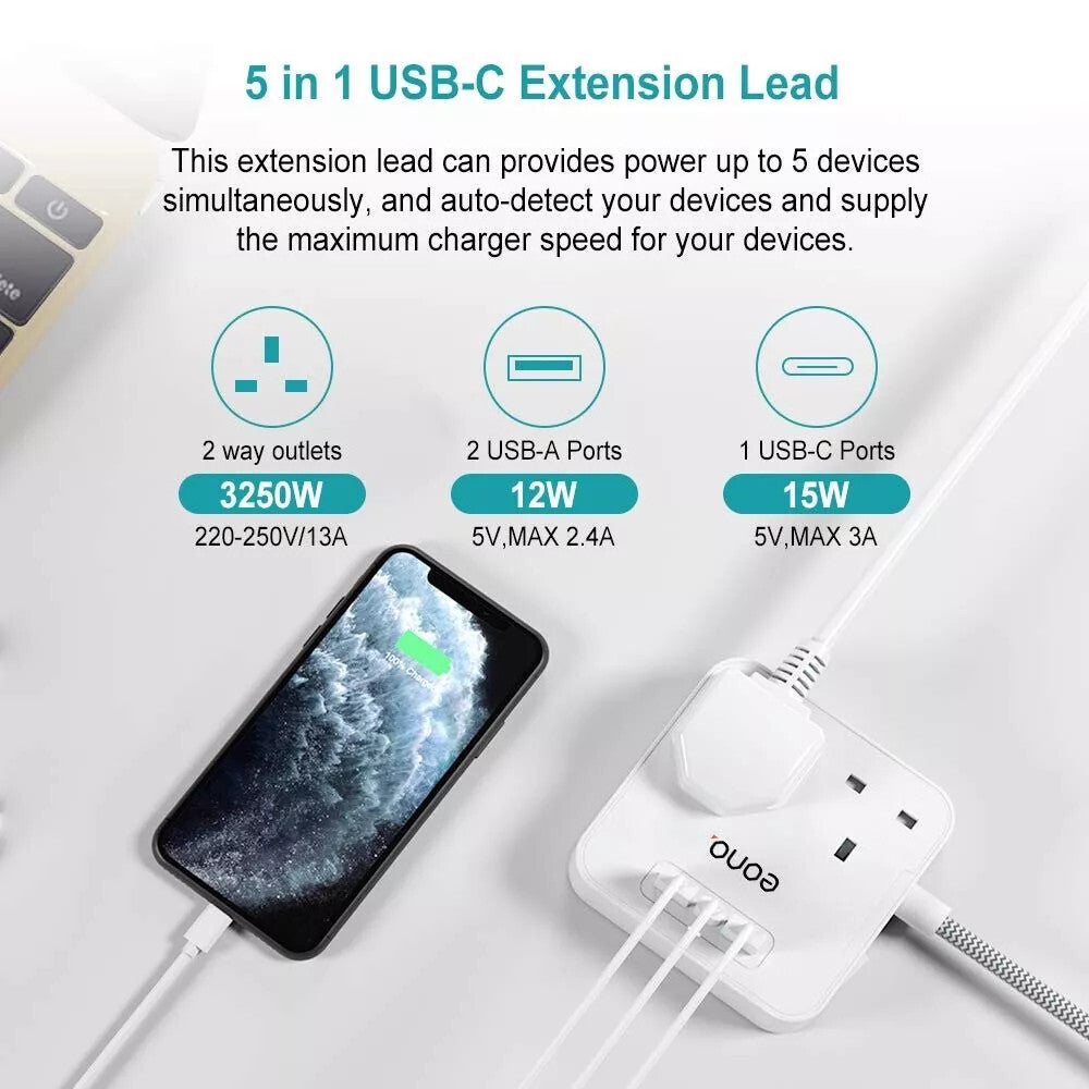 Extension Cable Lead with USB C,Power strips with 2 Way Outlets 3 USB Slots 1.8m