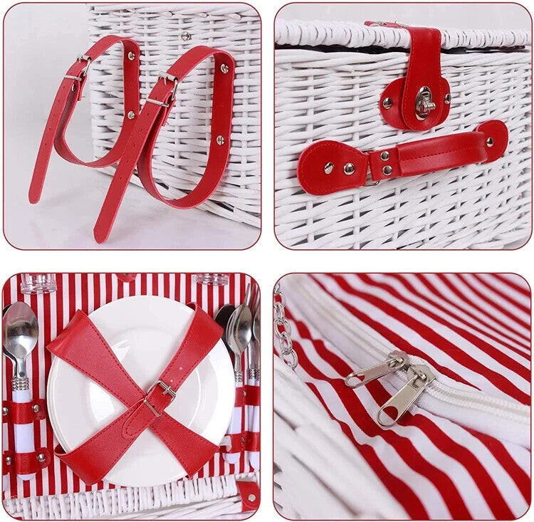 Outdoor 4 Person Luxury White Wicker Picnic Basket Set with Plates Wine Glasses
