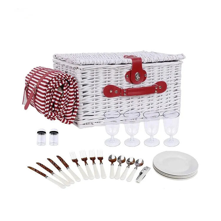 Outdoor 4 Person Luxury White Wicker Picnic Basket Set with Plates Wine Glasses