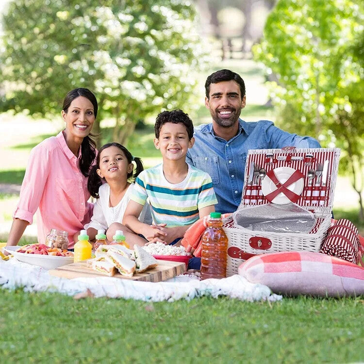 Outdoor 4 Person Luxury White Wicker Picnic Basket Set with Plates Wine Glasses