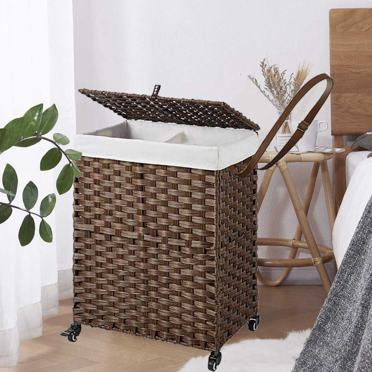 Large Handwoven Laundry Hamper Basket Handwoven 2 Size 5 Color Wheels 2 Sections