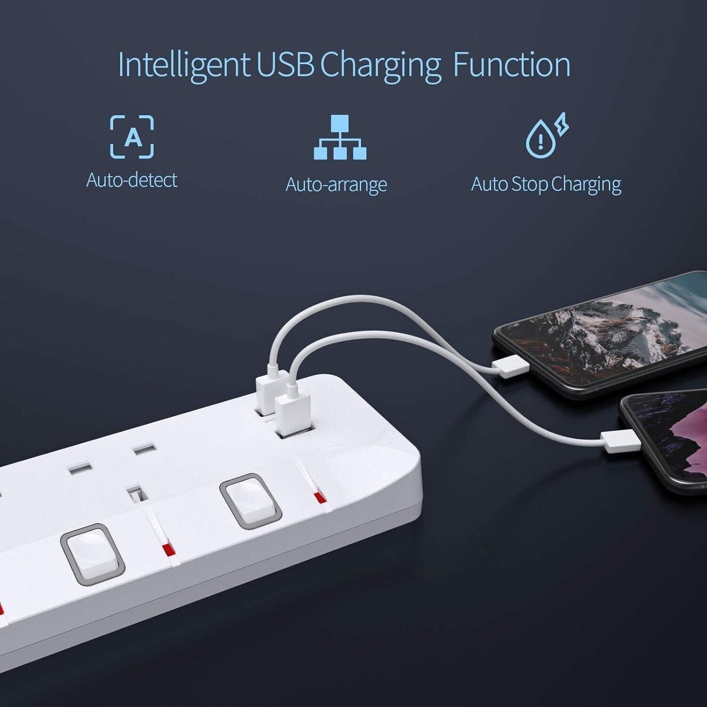 PIBEEX Extension Lead with 4 Way Plug Sockets, 13A, Individual Switches, 2 USB