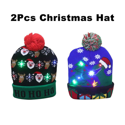 2Pcs Christmas LED Light Up Hat, Xmas Beanie Knitted Hat, 6 Colorful LED Unisex
