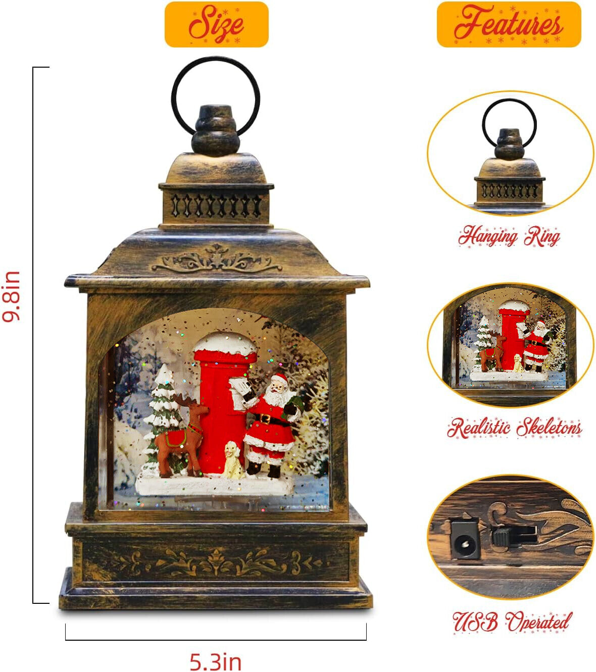 10'' Christmas Musical Decor，Santa Claus Water Lantern Lighted USB ，Xmas Gifts