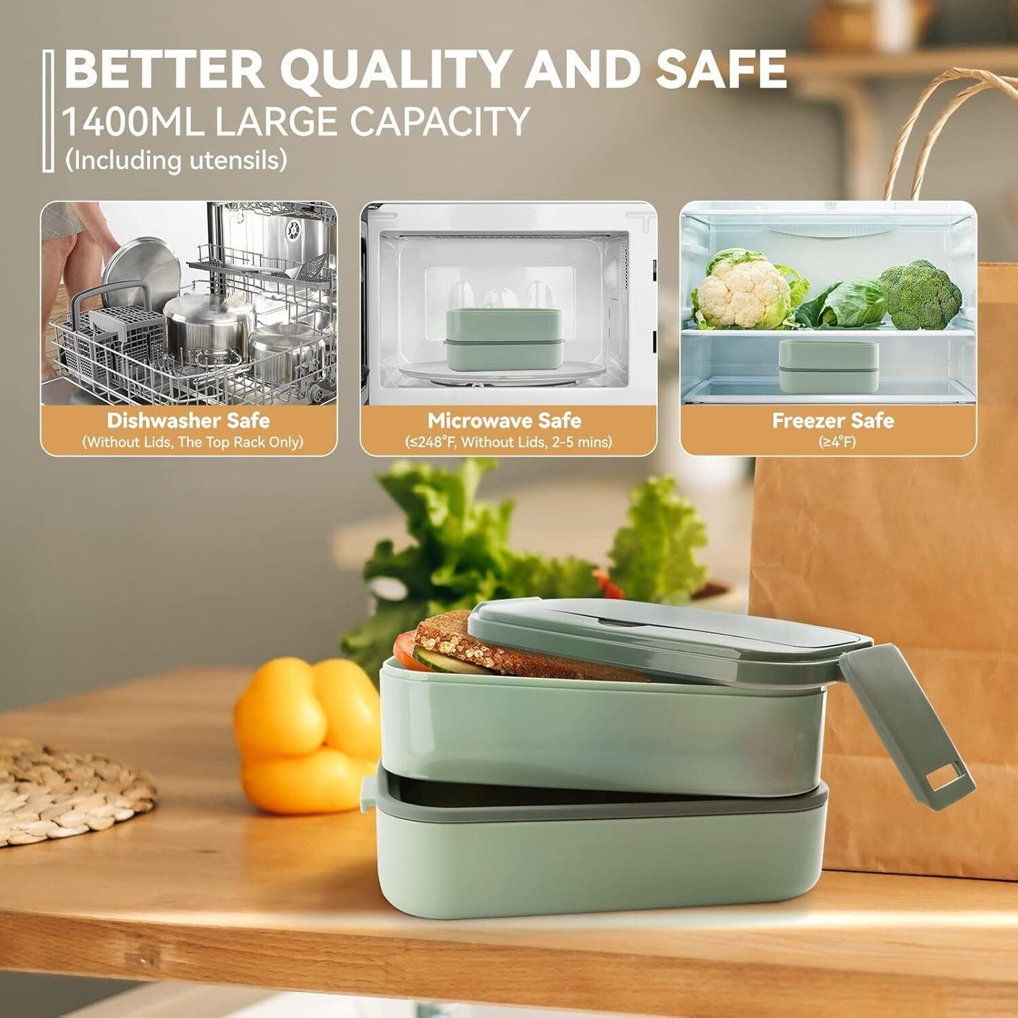 Lunch Box for Adults Kids, 2 Layer Leak Proof Bento Box with Utensils, 1400ML