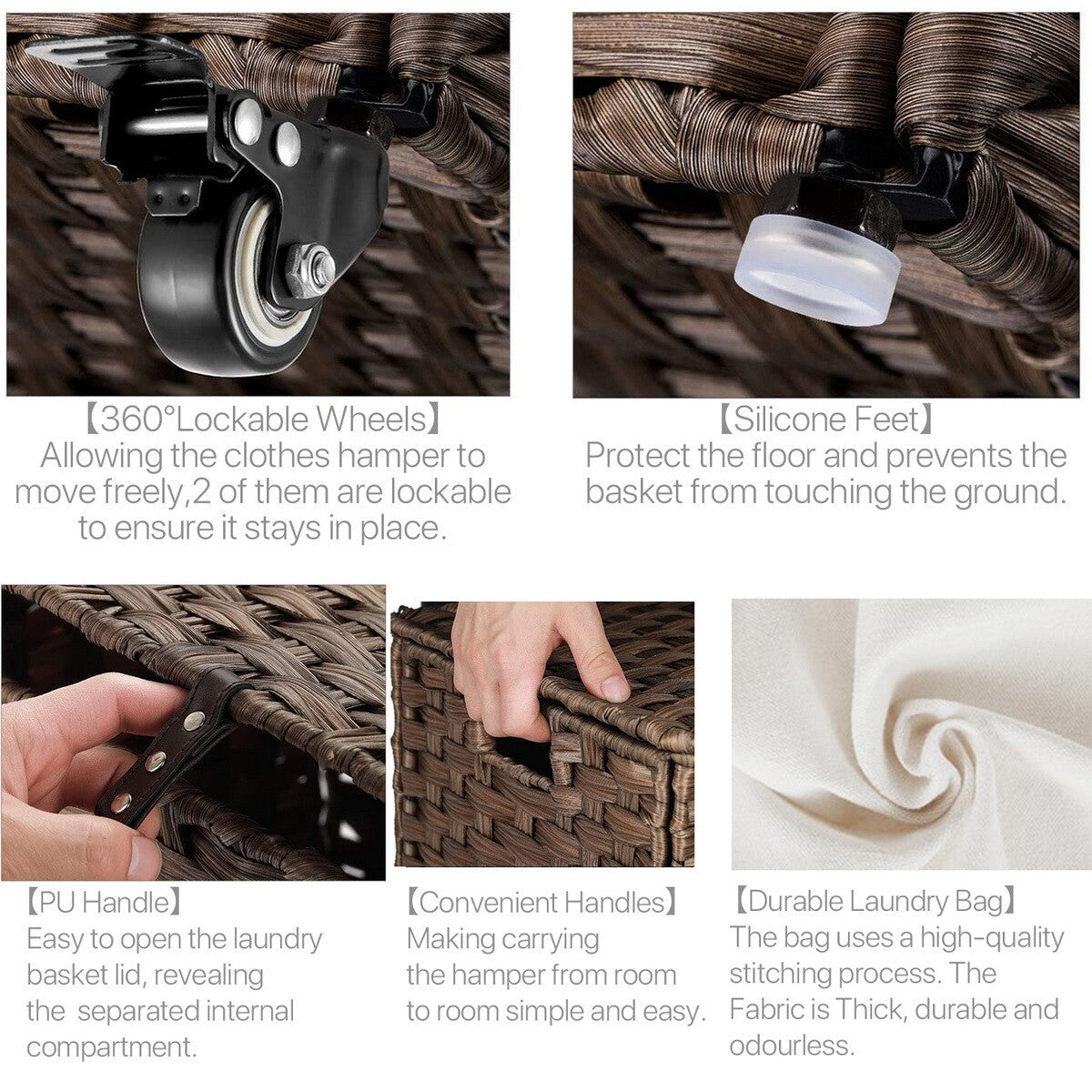 Large Handwoven Laundry Hamper Basket Handwoven 2 Size 5 Color Wheels 2 Sections