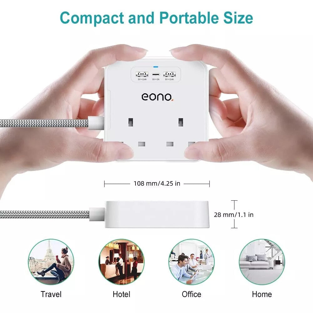 Extension Cable Lead with USB C,Power strips with 2 Way Outlets 3 USB Slots 1.8m