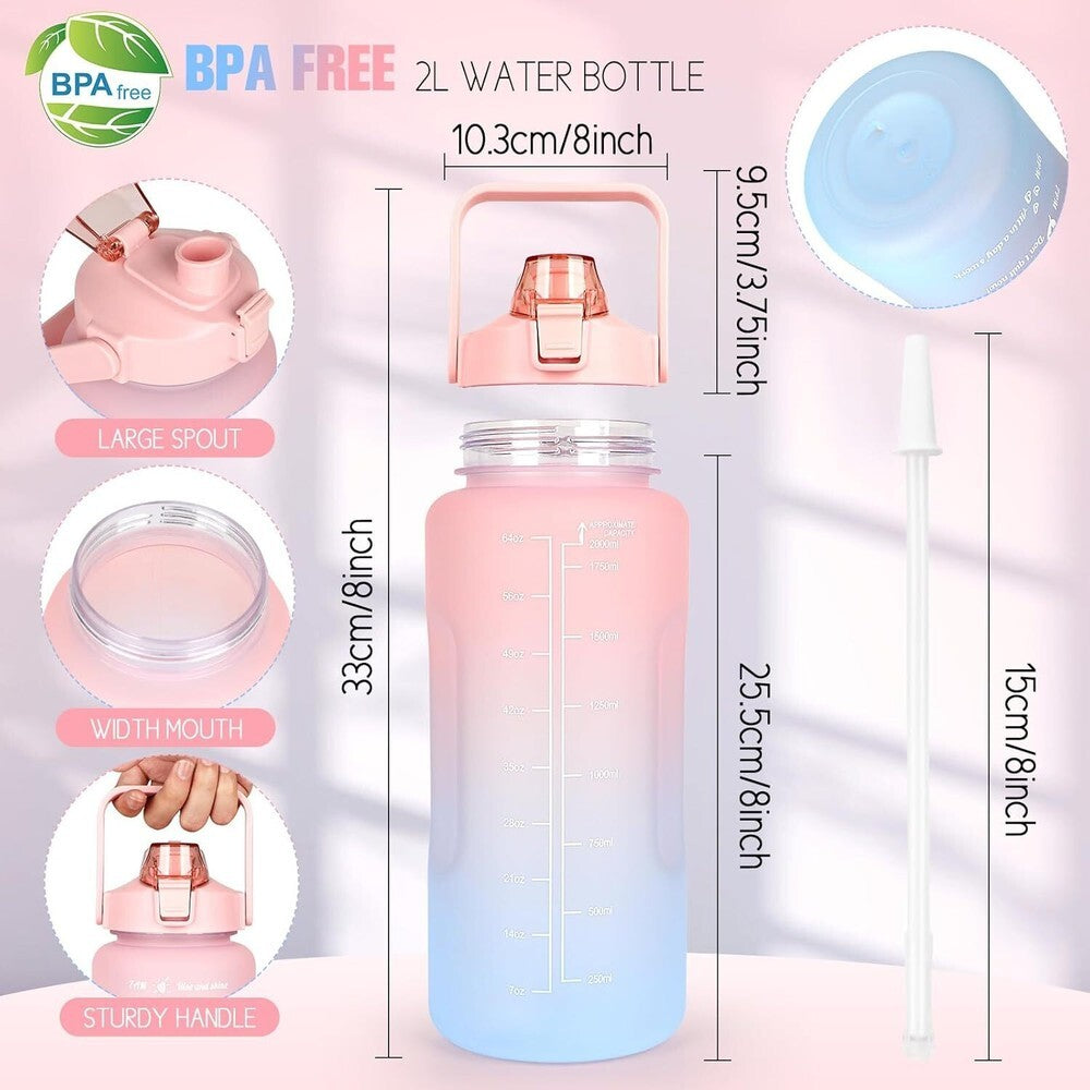2L Motivational Water Bottle Time Marker BPA Free Gym Fitness & Office Sport Jug