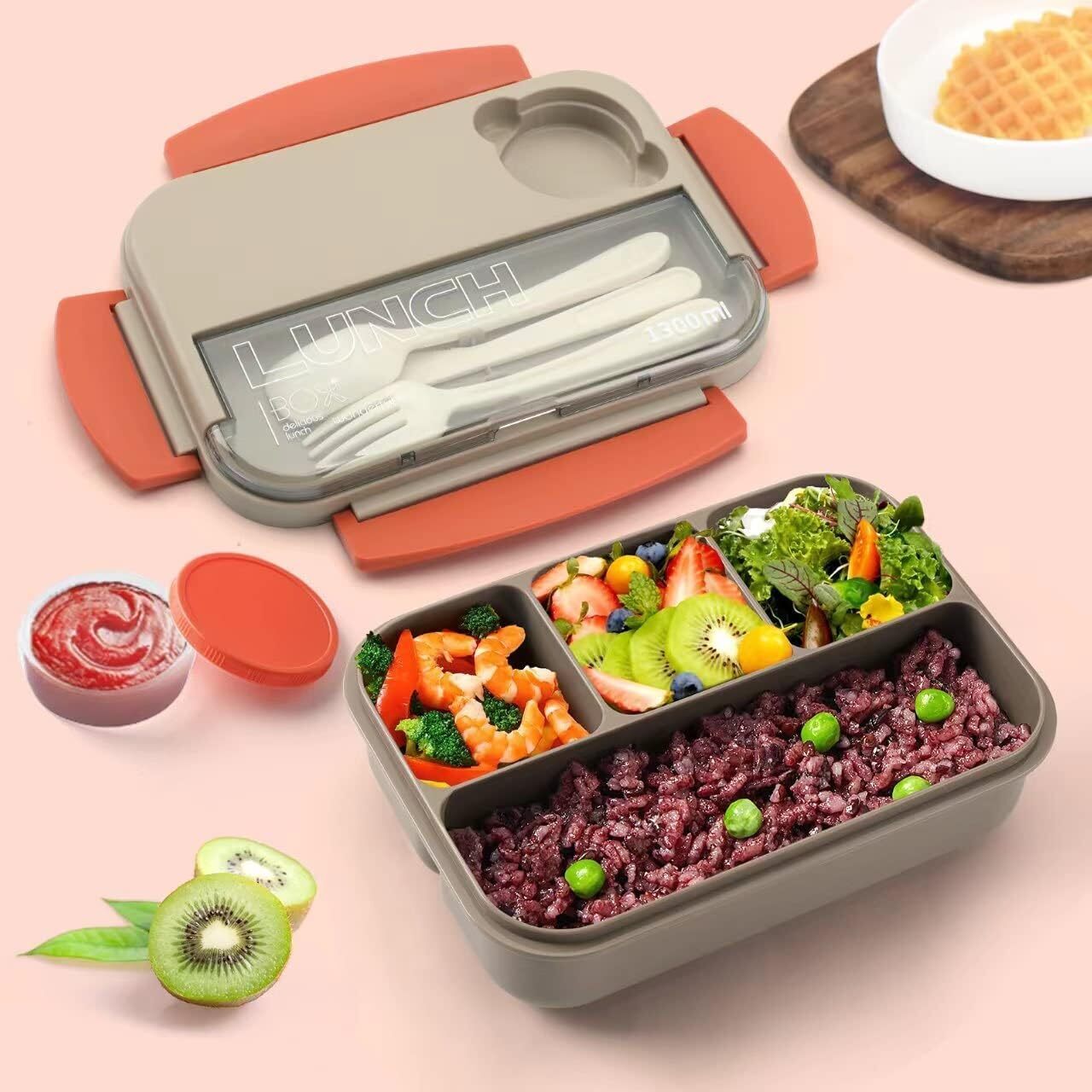 1300ML Bento Box Lunch Boxes,4-in-1 Lunchbox with Sauce Pot Cutlery Set With Bag