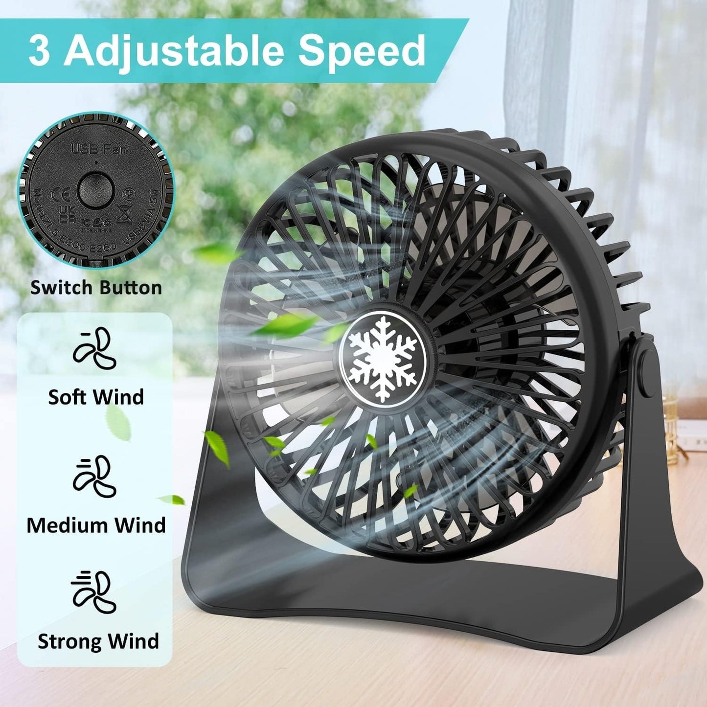 USB Desk Fan Mini 3 Speed Portable Quiet Table Fan Desk Office Travel or Bedroom